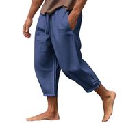 KonJim Mens Capri Long Shorts Below Knee Elastic Drawstring Tapered Casual Cotton Linen Baggy Harem Pants Wide Leg Baggy Cotton Harem Yoga Trousers 3/4 Shorts Casual Hippie Pants Blue