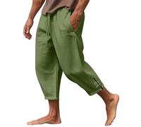 KonJim Mens Capri Long Shorts Below Knee Elastic Drawstring Tapered Casual Cotton Linen Baggy Harem Pants Wide Leg Baggy Cotton Harem Yoga Trousers 3/4 Shorts Casual Hippie Pants Green