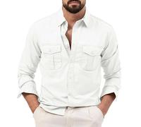 KonJim Mens Cargo Shirts Long Sleeve Hiking Safari Shirts Regular Fit Casual Button Down Outdoor Tactical Shirts Ripstop Military Tactical Shirts Western Cowboy Snap Shirts White