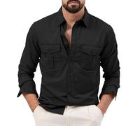 KonJim Mens Cargo Shirts Long Sleeve Hiking Safari Shirts Regular Fit Casual Button Down Outdoor Tactical Shirts Ripstop Military Tactical Shirts Western Cowboy Snap Shirts Black