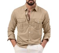 KonJim Mens Cargo Shirts Long Sleeve Hiking Safari Shirts Regular Fit Casual Button Down Outdoor Tactical Shirts Ripstop Military Tactical Shirts Western Cowboy Snap Shirts Khaki