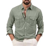 KonJim Mens Cargo Shirts Long Sleeve Hiking Safari Shirts Regular Fit Casual Button Down Outdoor Tactical Shirts Ripstop Military Tactical Shirts Western Cowboy Snap Shirts Green
