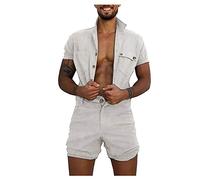 KonJim Mens Rompers Jumpsuits Short Sleeve Cotton Button Down One Piece Shorts Casual Comfy Onesie Overalls Playsuits Grey