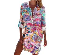 KonJim Shirts Dresses for Women Button Down Floral Print Long Sleeve Blouse Tops Mini Dress Roll Up 3/4 Sleeve Floral Print V Neck Tunic Blouses Tops Shirts