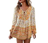 KonJim Women's Casual Boho Floral Printed V Neck Tops Drawstring Short Long Sleeve T Shirt Blouses V Neck Lace Crochet Eyelet Tops Short Sleeve Casual Shirts Blouses