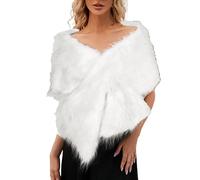 KonJim Womens Party Faux Fox Fur Long Shawl Cloak Cape Coats Wedding Faux Fur Shawls and Wraps Bridal Fur Scarf Stoles Brooch for Bride and Bridesmaids Knitted Fuzzy Fluffy Plush Shawl Wrap