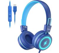 KONNAO Kid Headphones for School, USB Type C Kids Headphone with LED Lights, Wired Boys Girls Headphones with Safe Limiter 85dB/94dB, Foldable On Ear Headphones with Microphones for School/iPad