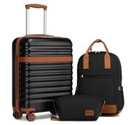 Kono 20 Inch Cabin Luggage Set, Lightweight Hard Shell Carry On Suitcase with Backpack Toiletry Bag, 3 Piece Travel Luggage Sets Approved for Ryanair EasyJet (Black/Brown)