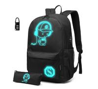 Kono Glow in the Dark School Bag with Pencil Case, Lightweight Black Backpack for Boys and Girls, Luminous Large Rucksack with USB Charging Port and Padlock, Fits A4 Books and 15.6 Inch Laptop