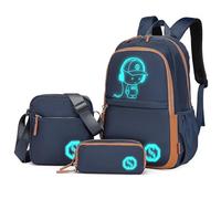 Kono Luminous School Backpack 3-in-1 Set, Anime Boys Schoolbag Crossbody Bag Pencil Case, 15.6" Laptop Rucksack for Students Teens Girls (Navy)