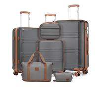 Kono Travel Luggage Sets of 6 Piece Lightweight ABS+PC Hard Shell Trolley Case with TSA Combination Lock 20" 24" 28" Suitcase + 12" Beauty Case + Duffel Bag & Toiletry Bag (Grey/Brown)