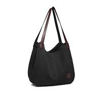 Kono Women Canvas Hobo Shoulder Bag Handbag Ladies Vintage Multiple Pockets Tote Top Handle Bags for Shopping Work School Travel Casual Daily (Black)