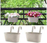 Konom 2 Pack Outdoor Plants Rail Planter Metal Iron Hanging Flower Pots Deck Railings Fence Buckets Modern Boho Style Wall Mount Window Boxes Plant Holder Hooks Porch Home Decor