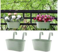 Konom 2 Pack Outdoor Plants Rail Planter Metal Iron Hanging Flower Pots Deck Railings Fence Buckets Modern Boho Style Wall Mount Window Boxes Plant Holder Hooks Porch Home Decor