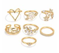KONPJE 7PCS Flower Rings for Women Gold Enamel Rose Daisy Stackable Ring Set Adjustable Flowers Heart Rhinestone Ring Birthday Party Prom Banquet Clothing Jewelry Accessories, Copper, No Gemstone