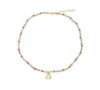 KONPJE Colorful Beaded Choker Necklace for Women with Square Opal Pendant Dainty Adjustable Multicolor Tiny Bead Collar Necklace, Boho Handmade Summer Statement Jewelry Gift for Daily Vacation Party