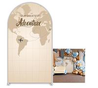 KONPON Our Greatest Adventure Arched Backdrop Cover World Map Global Travel Theme Spandex Cover for Birthday Baby Shower Wedding Party Decoration (No Stand!)