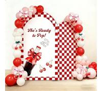 KONPON Set of 2 (6FT,5FT) She's Ready to Pop Arch Backdrop Covers, Red and White Gingham Stretchy Spandex Cover for Newborn Girls Baby Shower Party Decoration