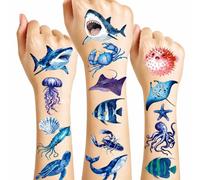 Konsait 10 Sheets Ocean Temporary Tattoos, Watercolor Sea Creature Stickers, Shark Whale Jellyfish Under the Sea Party Favors, Waterproof Marine Life Body Art for Birthday Pool Halloween