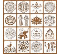 Konsait 16 PCS Diwali Rangoli Stencils for Painting on Wood, Reusable Mandala Stencils Templates Diyas Marigold Flower Rangoli Stencil for Diwali Crafts Decorations for Home