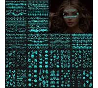 Konsait 24 Sheets Glow in the Dark Tattoos Face Tattoos for Women Girls Temporary Tattoos for Women Glow Tattoos Mermaids Butterfly Tattoos Blue Tattoos for Kids Luminous Body Make Up Fake Tattoo