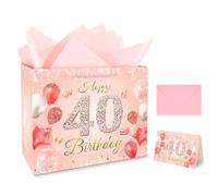 Konsait 40th Birthday Gift Bag Set for Women, 13" Pink & Gold Diamond 40 Happy Birthday Bag with Tissue Paper & Greeting Card for Present Packaging, Parties and More