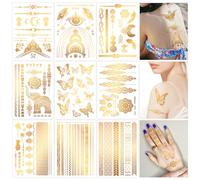 Konsait 9 Sheets Golden Temporary Tattoos - Moon, Butterfly, Elephant Designs - Metallic Tattoos for Women, Girls - Face Tattoos for Parties and Festival Accessories