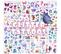 Konsait Glitter Temporary Tattoo for Girls, 24 Sheets Butterfly Mermaid Fairy Flowers Tattoo Stickers for Kids, Waterproof Fake Tattoos for Birthday Party Favors Goodie Bags Stuffers Party Fillers