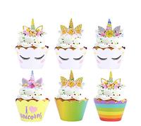 Konsait Unicorn Cupcake Decorations, Unicorn Cupcake Toppers Horn and Ears Double Sided Wrappers for Kids Baby Girls Rainbow Themed Unicorn Birthday Party Supplies Favors Decorations (24Pack)