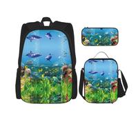 KoNsev Colored Undersea World 3pcs Backpacks 16" Preschool School Bookbag and Lunch Box for Elementary Toddler