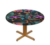 KoNsev Teal and Orange Orchid Round Tablecloth with Elastic Edge Design Table Cover Waterproof Table Cloth for Christmas