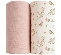 Konssy 2 Pack Muslin Swaddle Blankets for Baby Boys Girls, Receiving Blanket Large 47 x 47 inches, Soft Breathable Muslin Baby Blanket for Unisex Newborn(Pink, Floral)