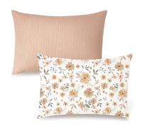 Konssy Muslin Toddler Pillowcase for 13x18 Pillow 2 Pack, 100% Cotton Toddler Pillow Case Cover, Soft & Breathable Travel Babay Kids Pillow Covers with Envelope Closure（Flourish, Toffee）