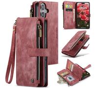 Konstreet for iPhone 16 Case Wallet Multi Card Holder with Cash Slot with Zipper Configuration Wrist Strap Wireless Charging RFID Blocking Drop-Proof Black