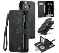 Konstreet for iPhone 16 Case Wallet Multi Card Holder with Cash Slot with Zipper Configuration Wrist Strap Wireless Charging RFID Blocking Drop-Proof Black