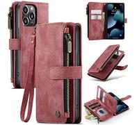 Konstreet for iPhone 16 Pro Case Wallet Multi Card Holder with Cash Slot with Zipper Configuration Wrist Strap Wireless Charging RFID Blocking Drop-Proof Bloking Red