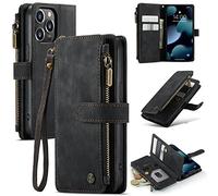 Konstreet for iPhone 16 Pro Case Wallet Multi Card Holder with Cash Slot with Zipper Configuration Wrist Strap Wireless Charging RFID Blocking Drop-Proof Bloking Black