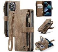 Konstreet for iPhone 16 Pro Max Case Wallet Multi Card Holder with Cash Slot with Zipper Configuration Wrist Strap Wireless Charging RFID Blocking Drop-Proof Bloking Brown