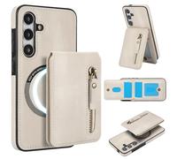 Konstreet for Samsung Galaxy S23 Case with 2-in-1 Detachable Magnetic Wallet 4 Card Slots and 1 Zipper Bag Compatible MagSafe and RFID Blocking Stand Wireless Charging-White
