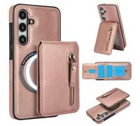 Konstreet for Samsung Galaxy S24 Case with 2-in-1 Detachable Magnetic Wallet 4 Card Slots and 1 Zipper Bag Compatible MagSafe and RFID Blocking Stand Wireless Charging-Rose Gold