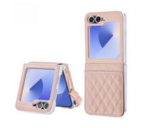 Konstreet for Samsung Galaxy Z Flip 5 Case Elastic Hinge Protection Soft PU Leather Short Lanyard Diamond Look Soft Touch Skin-Friendly Drop-Proof Thin and Light Pink