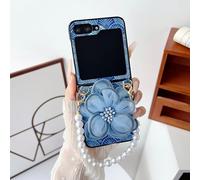 Konstreet for Samsung Galaxy Z Flip 5 Shell Leather Texture Full Cover Phone case with Matching mesh Flower Decoration and Pearl Hand Chain