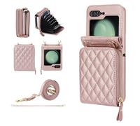 Konstreet for Samsung Galaxy Z Flip 6 Wallet Case Zipper Accordion Multi-Card Slots Patch Anti-Fall Folding Leather Phone Case with Crossbody Lanyard and Short Lanyard- Rose Gold