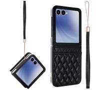 Konstreet for Samsung Galaxy Z Flip 7 Case Elastic Hinge Protection Soft PU Leather Short Lanyard Diamond Look Soft Touch Skin-Friendly Drop-Proof Thin and Light Black