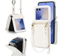 Konstreet for Samsung Galaxy Z Flip 7 Case with Card Holder with 8-Card Slots Wallet Case with Detachable Strap Crossbody Lanyard Soft PU Leather for Women- White