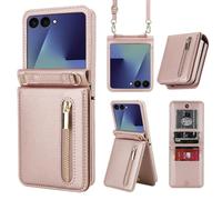 Konstreet for Samsung Galaxy Z Flip 7 Wallet Case with Card Holder and Zipper Slot Crossbody Strap Lanyard and Stylish Durable Leather Shockproof Protective Cover, Rose Gold