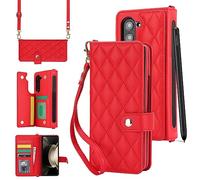 Konstreet for Samsung Galaxy Z Fold 7 Case with Card Holder Crossbody Wrist Strap Leather Flip Case with Magnetic Clasp Cash Slot Heavy Duty Protective Wallet Phone Case for Women, Red
