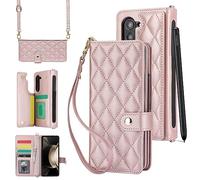 Konstreet for Samsung Galaxy Z Fold 7 Case with Card Holder Crossbody Wrist Strap Leather Flip Case with Magnetic Clasp Cash Slot Heavy Duty Protective Wallet Phone Case for Women, Rose Gold