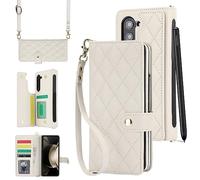 Konstreet for Samsung Galaxy Z Fold 7 Case with Card Holder Crossbody Wrist Strap Leather Flip Case with Magnetic Clasp Cash Slot Heavy Duty Protective Wallet Phone Case for Women, White
