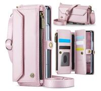 Konstreet for Samsung Galaxy Z Fold 7 Wallet Case Durable Leather Cover with Card Holder S Pen Slot Flip Flap Wrist Strap Zipper Closure & RFID Blocking Case for Galaxy Z Fold 7 Pink
